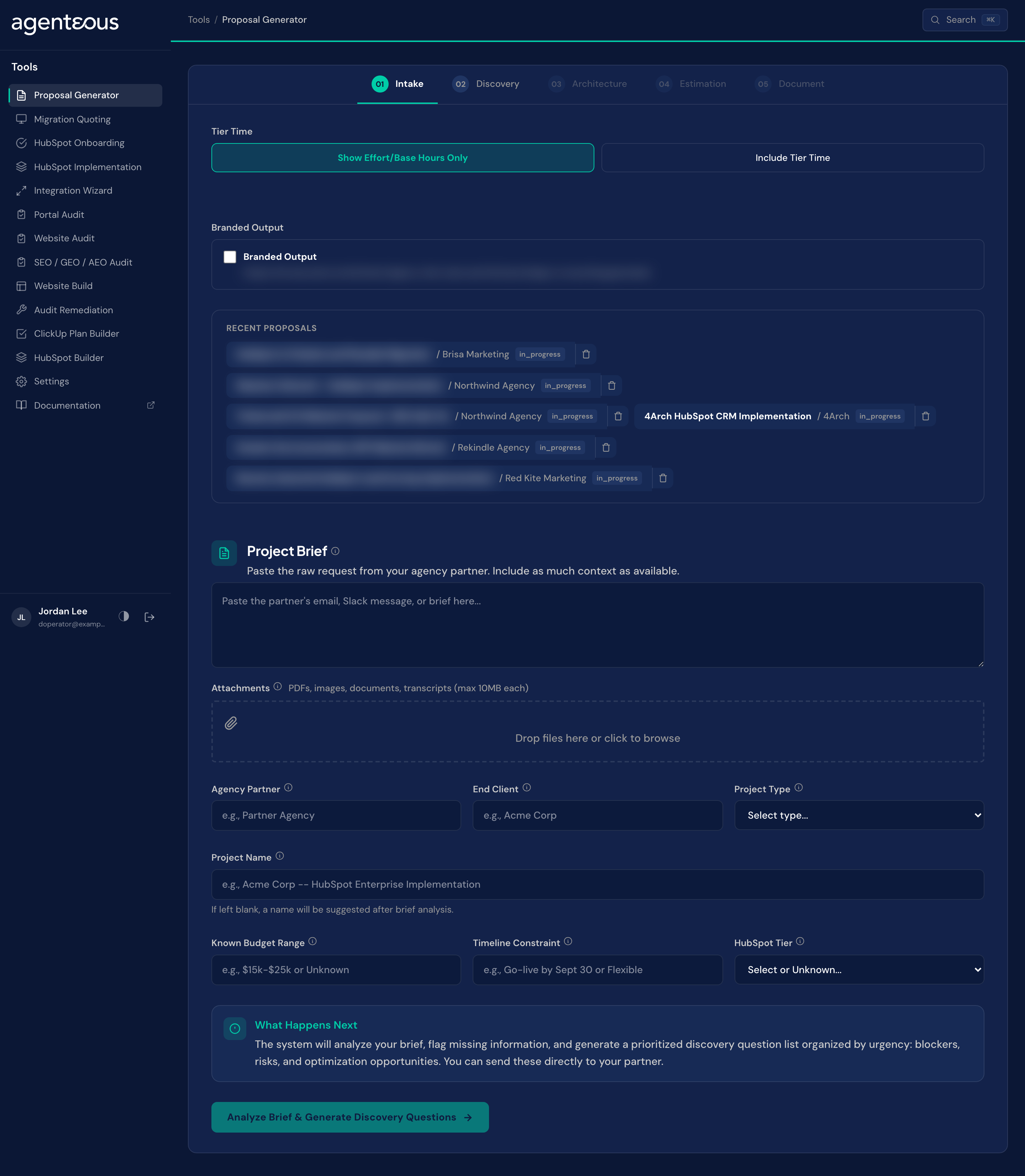 The Proposal Generator showing its five phases across the top and the intake form for a partner brief.