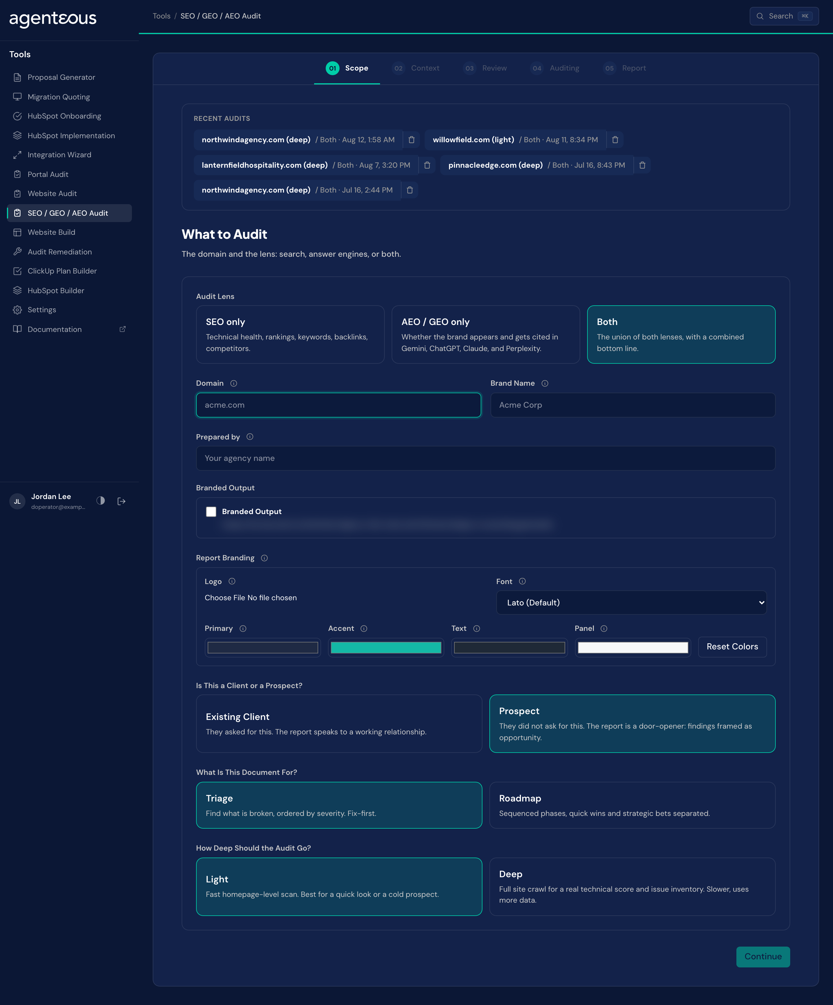 The SEO, GEO and AEO Audit scope screen with lens, depth and audience choices.