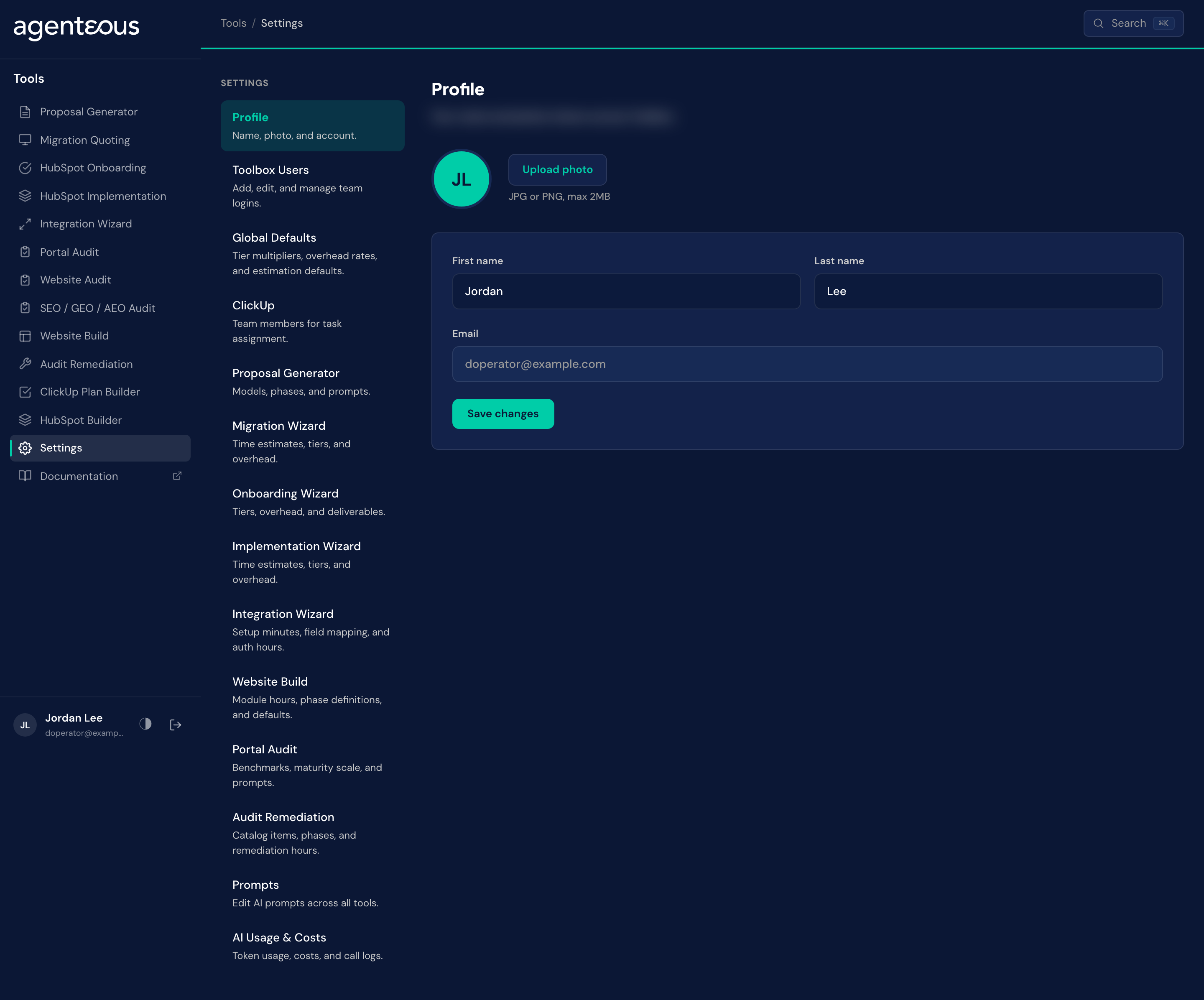 The Tools Settings page with a list of tabs down the left side and the selected tab's form on the right.