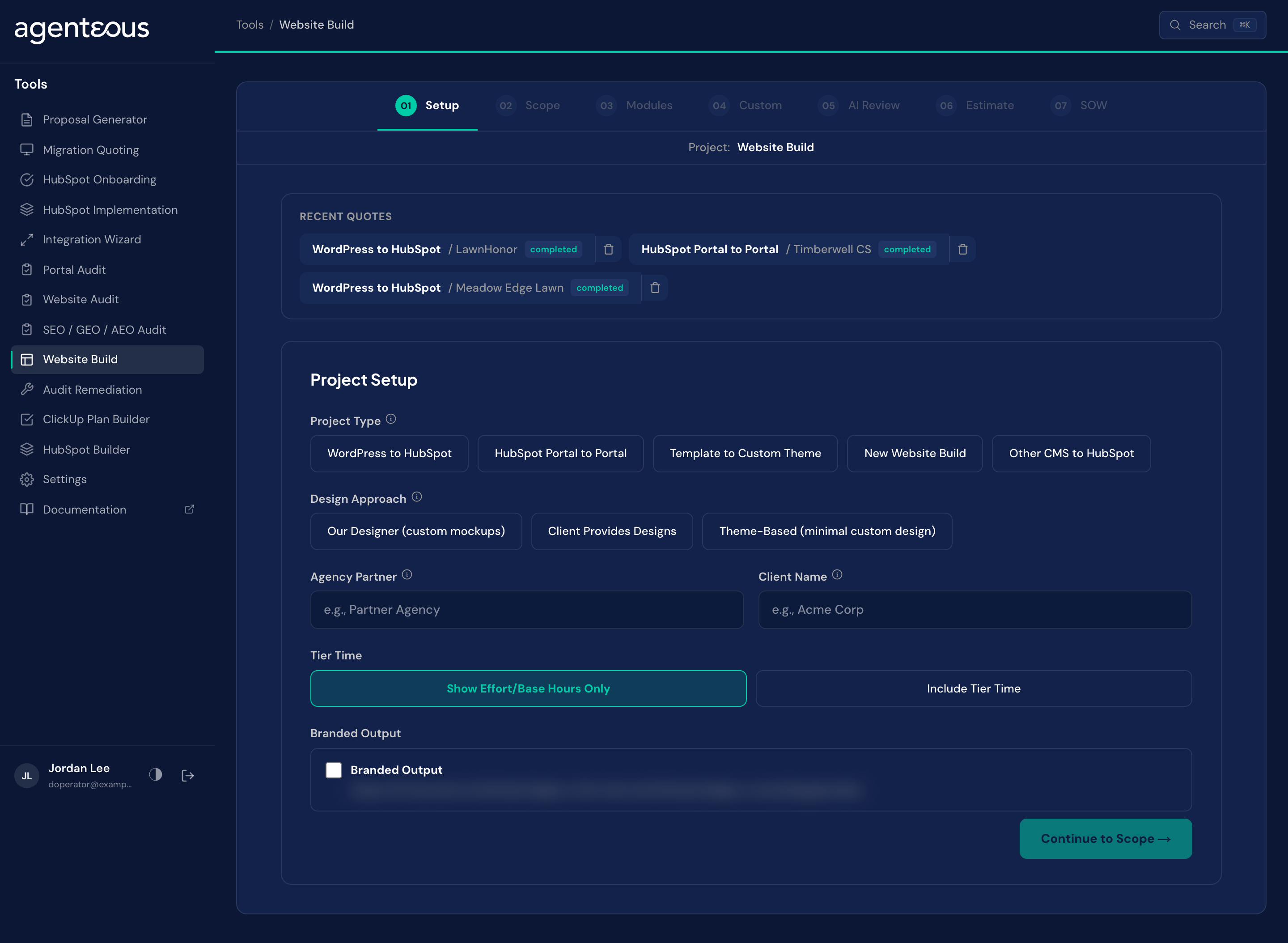 The Website Build wizard showing project type and design approach choices.